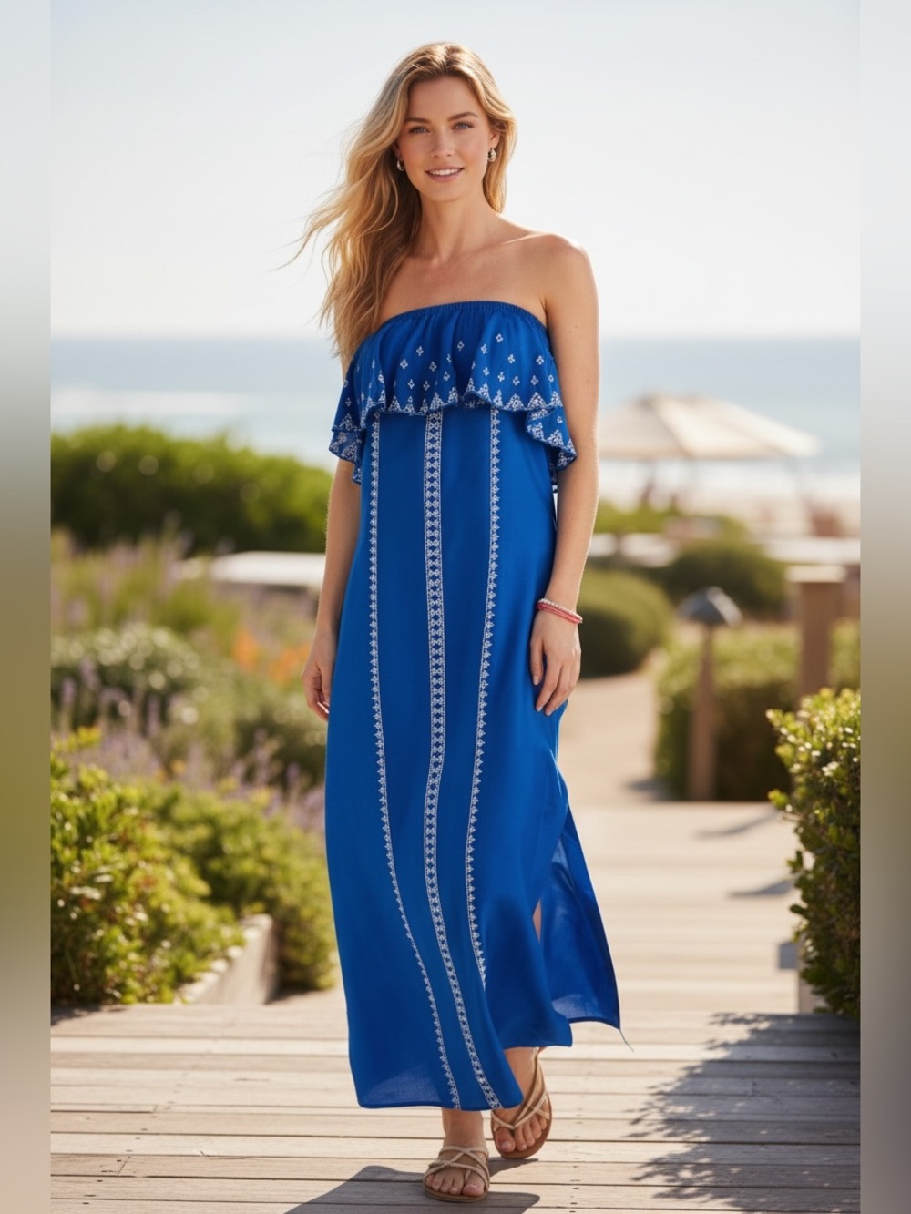 Vineyard Vines Yacht Blue Embroidered Silk Blend Sleeveless Maxi Dress 10